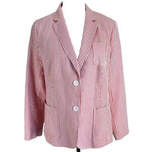 Talbots Seersucker Blazer Jacket Womens Size 14 Red White Stripe Long Sleeve